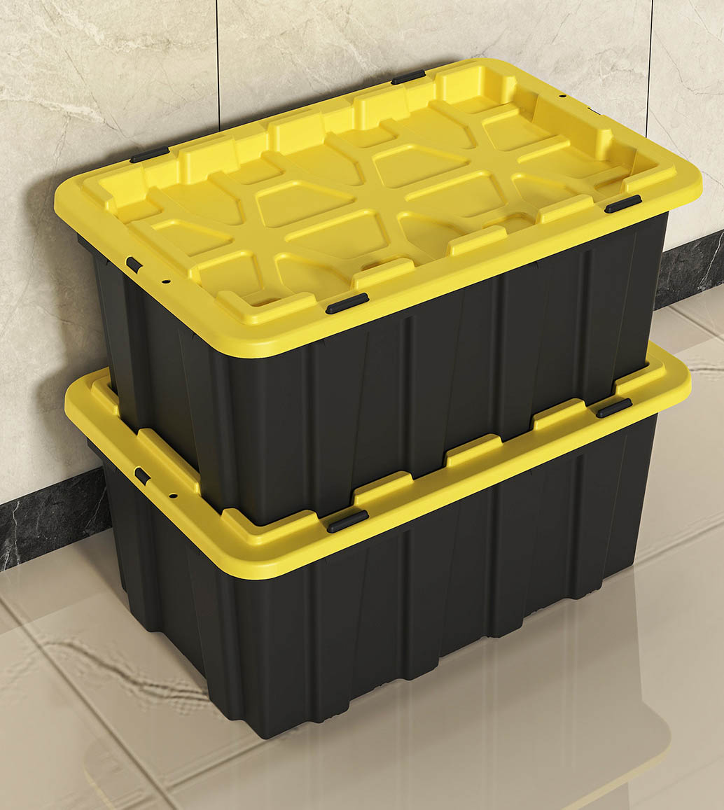 Industrial grade 27 gallon storage bin and 27 gallon tote stacked in a garage