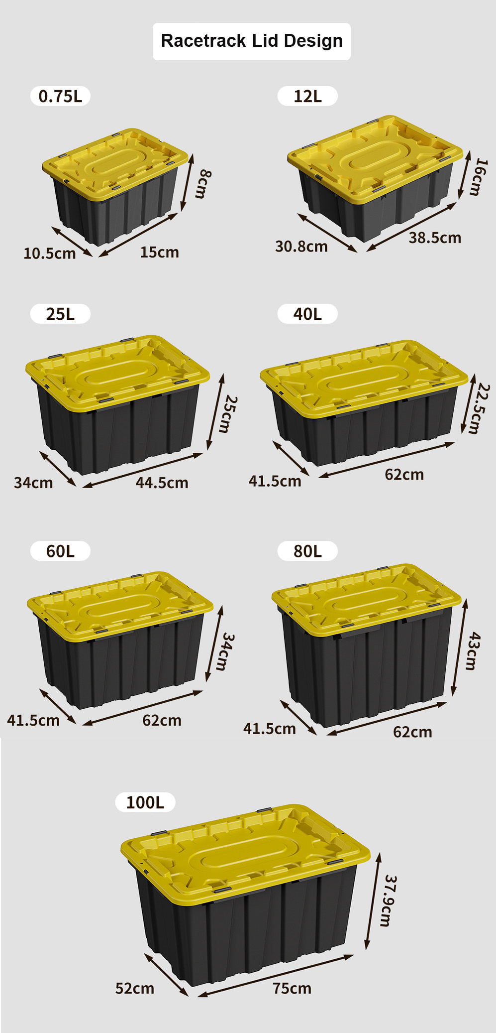 Complete range of industrial storage bin sizes from 0.75L to 100L