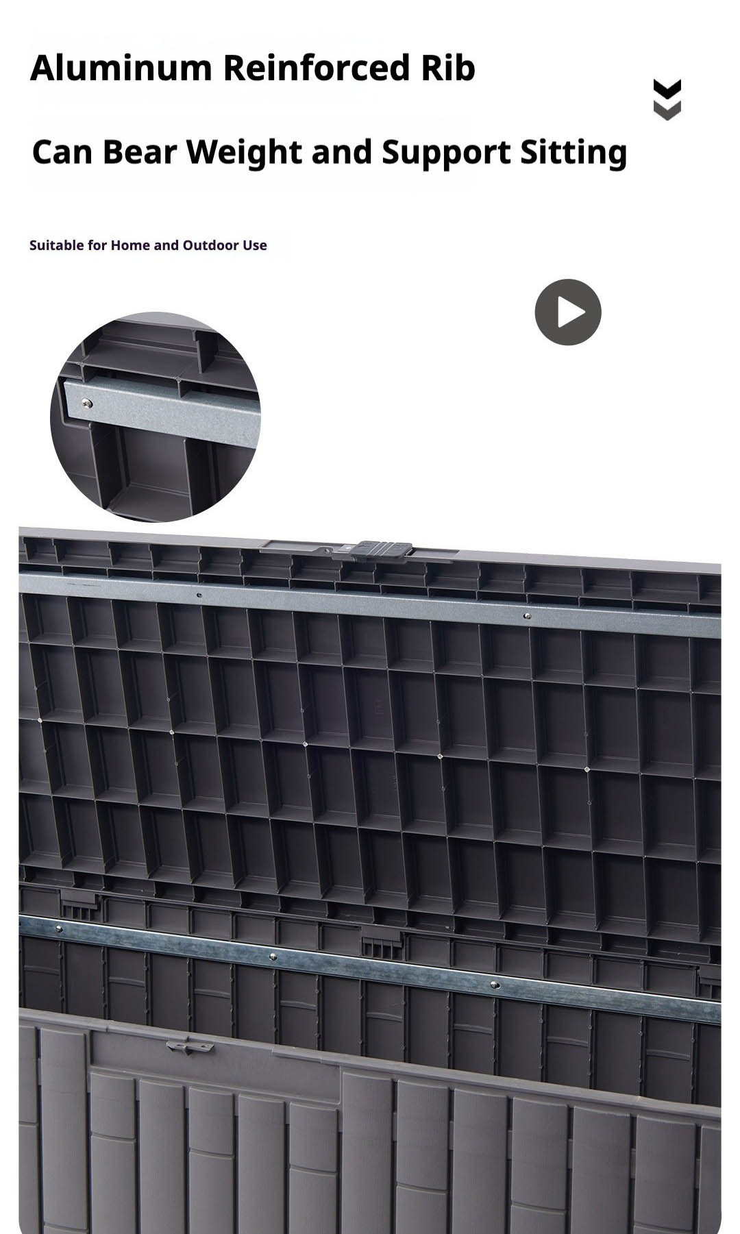 Aluminum reinforced ribs in the heavy duty deck box lid