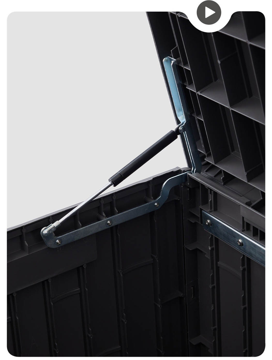 Hydraulic rod design on the outdoor deck box lid for safe opening