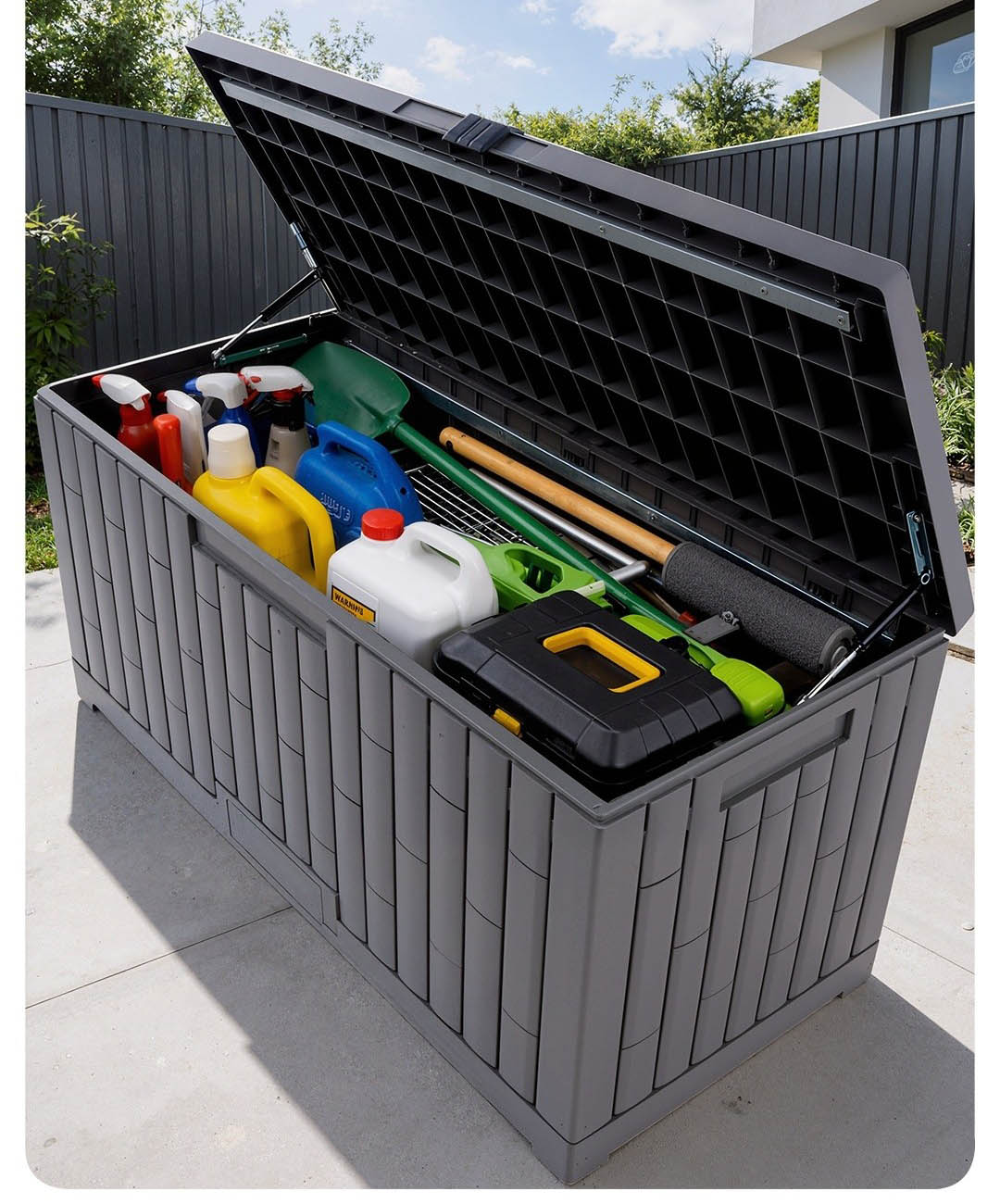 Large capacity deck box filled with garden tools and cleaning supplies