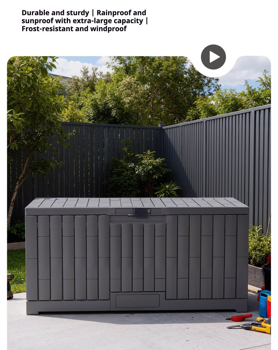 Multi-purpose outdoor deck box in a modern garden setting