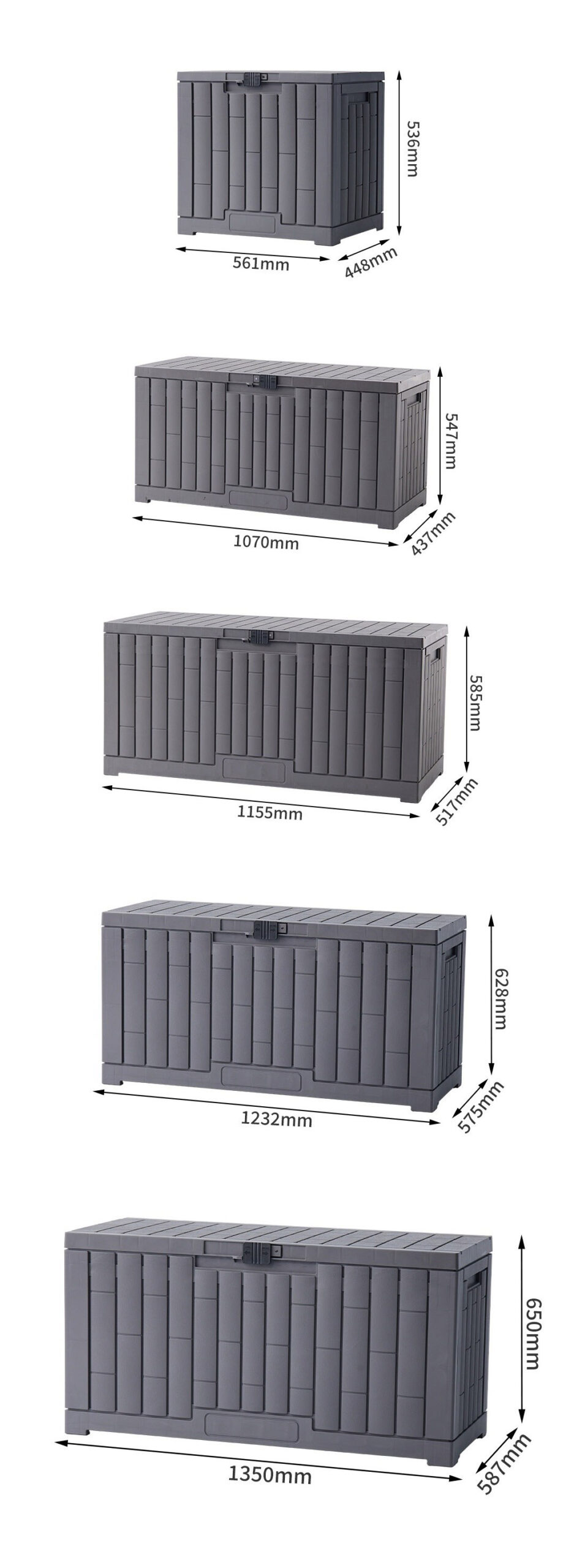 Various sizes available for the weatherproof outdoor storage container